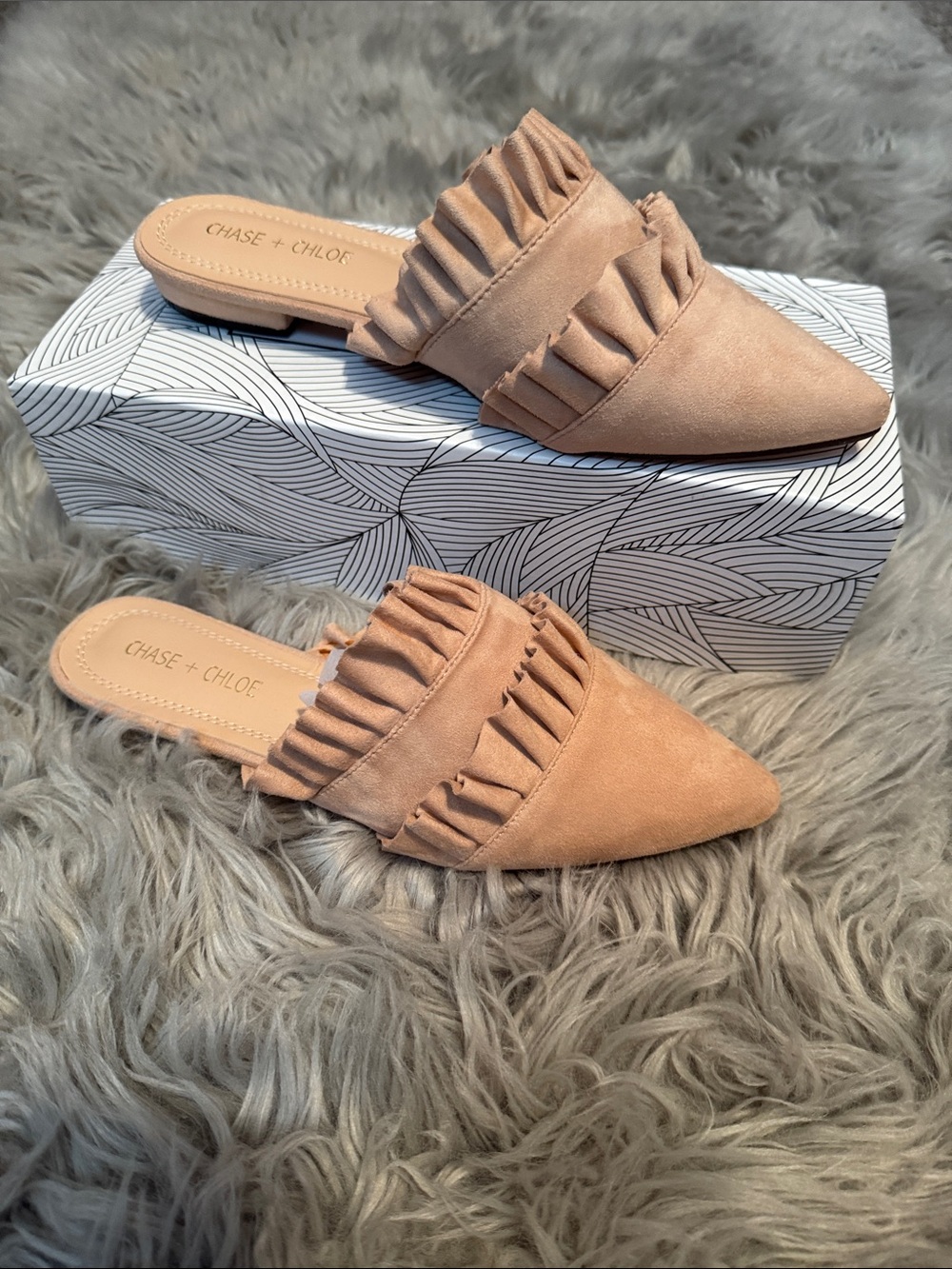 Chase + Chloe Pointed Ruffle Slip-On Mule in Blush Tan